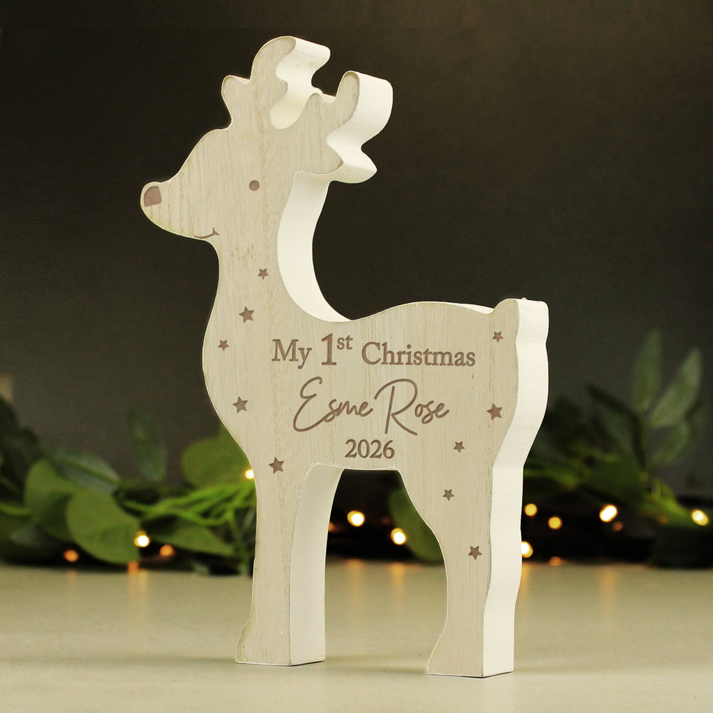 Personalised '1st Christmas' Rustic Wooden Reindeer Decoration | Hanging Decorations & Signs | Christmas Gift