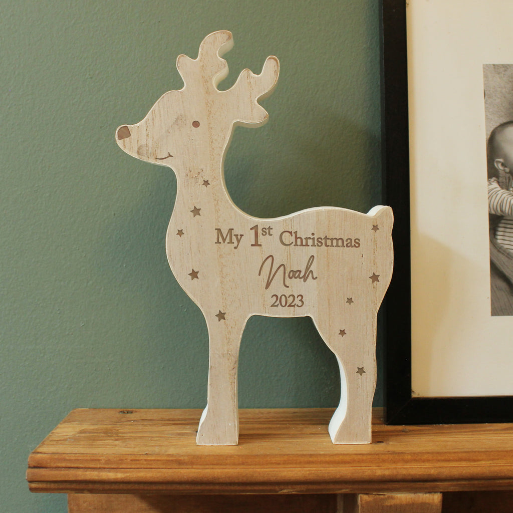 Personalised '1st Christmas' Rustic Wooden Reindeer Decoration | Hanging Decorations & Signs | Christmas Gift