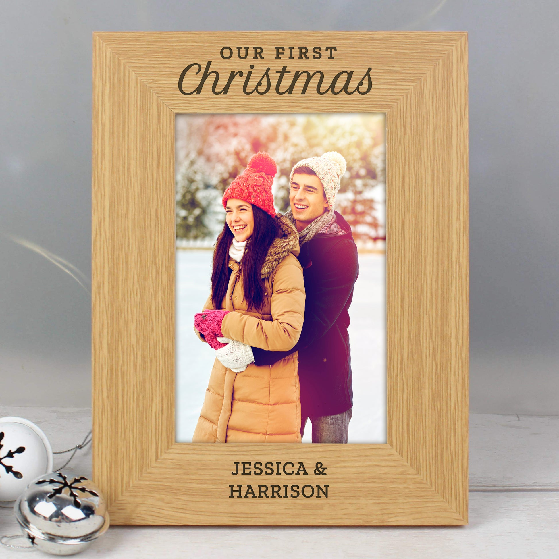 Personalised 'Our First Christmas' 6x4 Oak Finish Photo Frame - Inspired Creative Gifts