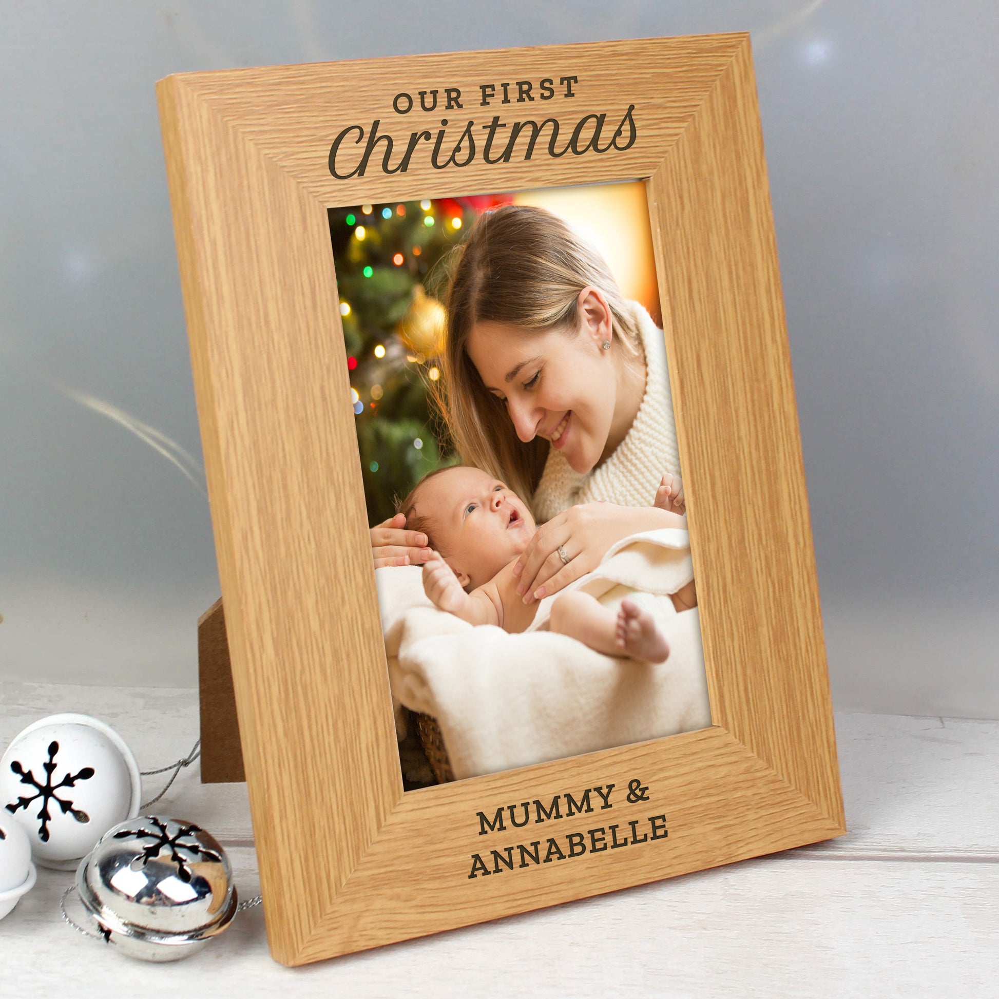 Personalised 'Our First Christmas' 6x4 Oak Finish Photo Frame - Inspired Creative Gifts