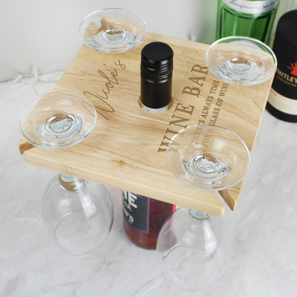 Personalised Free Text Four Wine Glass Holder & Bottle Holder - Glass & Bottle Butler - Inspired Creative Gifts