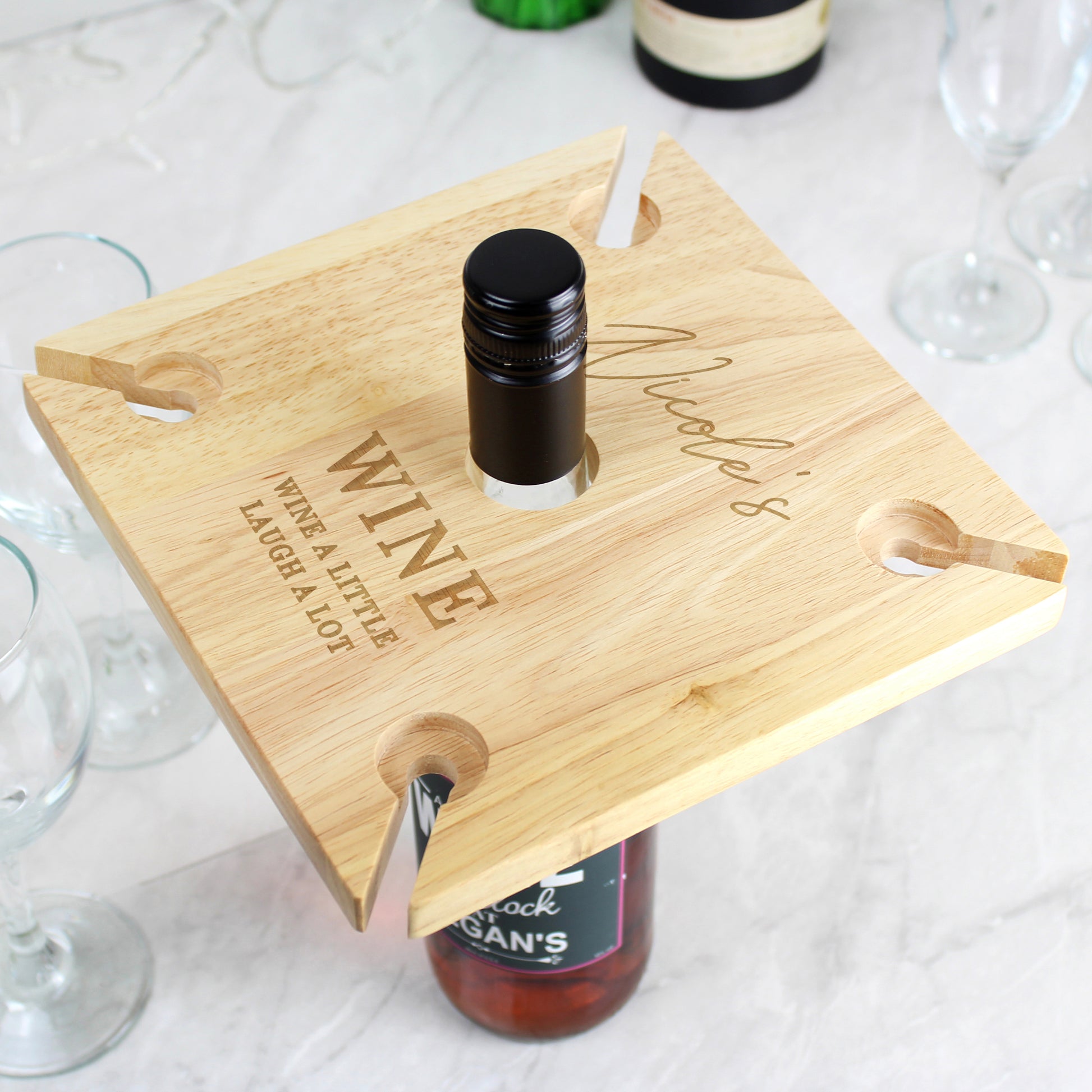 Personalised Free Text Four Wine Glass Holder & Bottle Holder - Glass & Bottle Butler - Inspired Creative Gifts