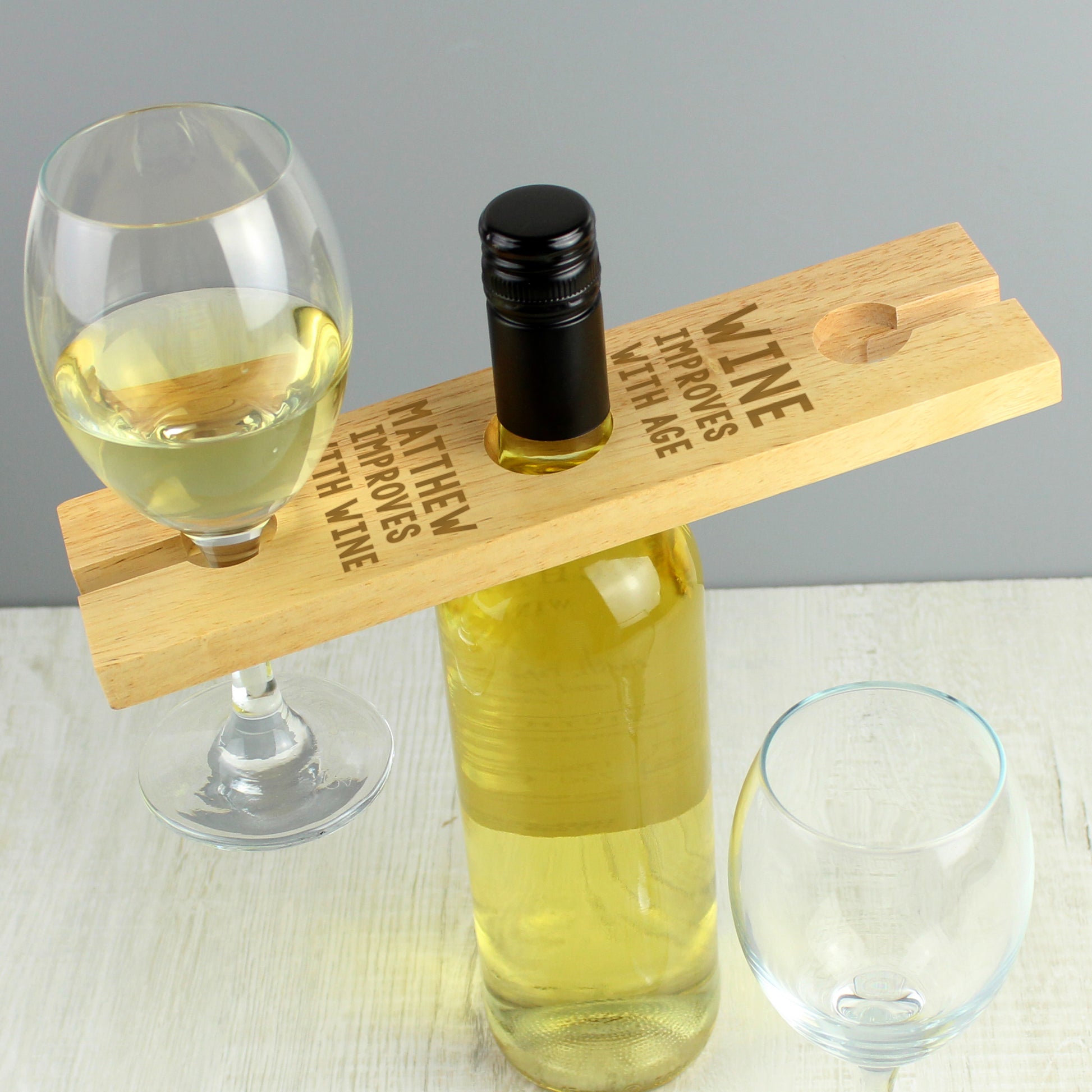 Personalised 'Improves With Wine' Wine Glass & Bottle Holder - Glass & Bottle Butler - Inspired Creative Gifts