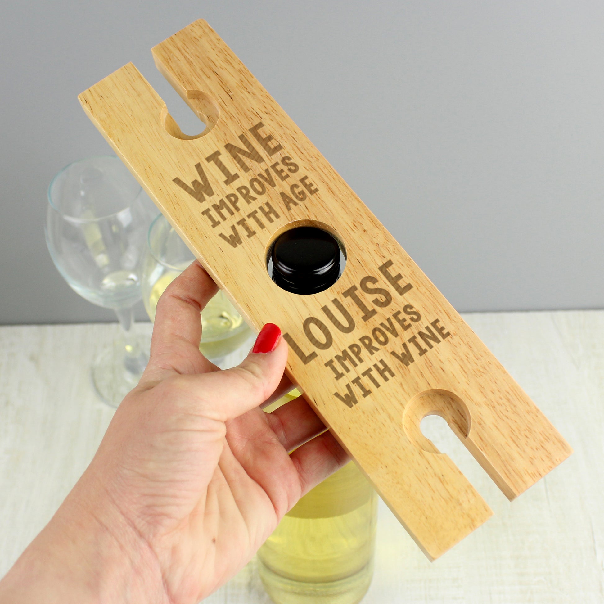 Personalised 'Improves With Wine' Wine Glass & Bottle Holder - Glass & Bottle Butler - Inspired Creative Gifts