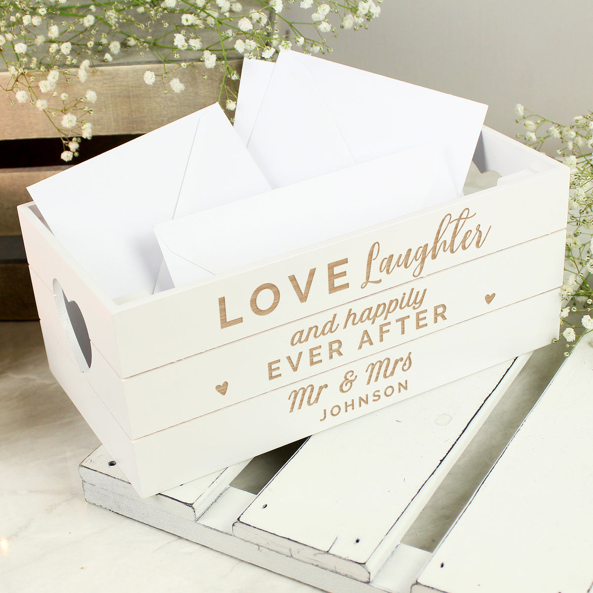Personalised Love Laughter & ... White Wooden Crate | Storage | Inspired Creative Gifts