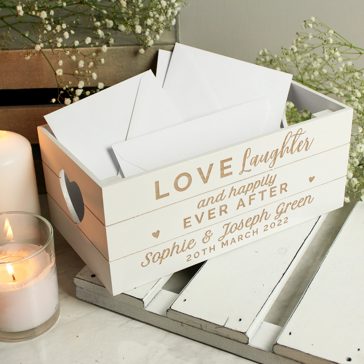 Personalised Love Laughter & ... White Wooden Crate | Storage | Inspired Creative Gifts