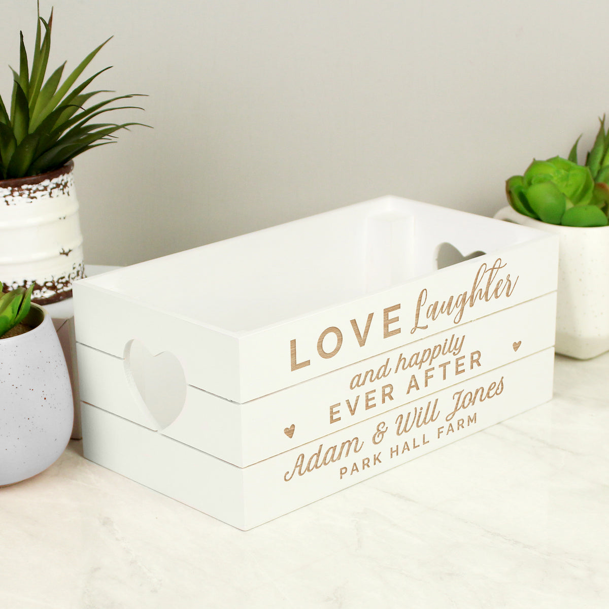 Personalised Love Laughter & ... White Wooden Crate | Storage | Inspired Creative Gifts