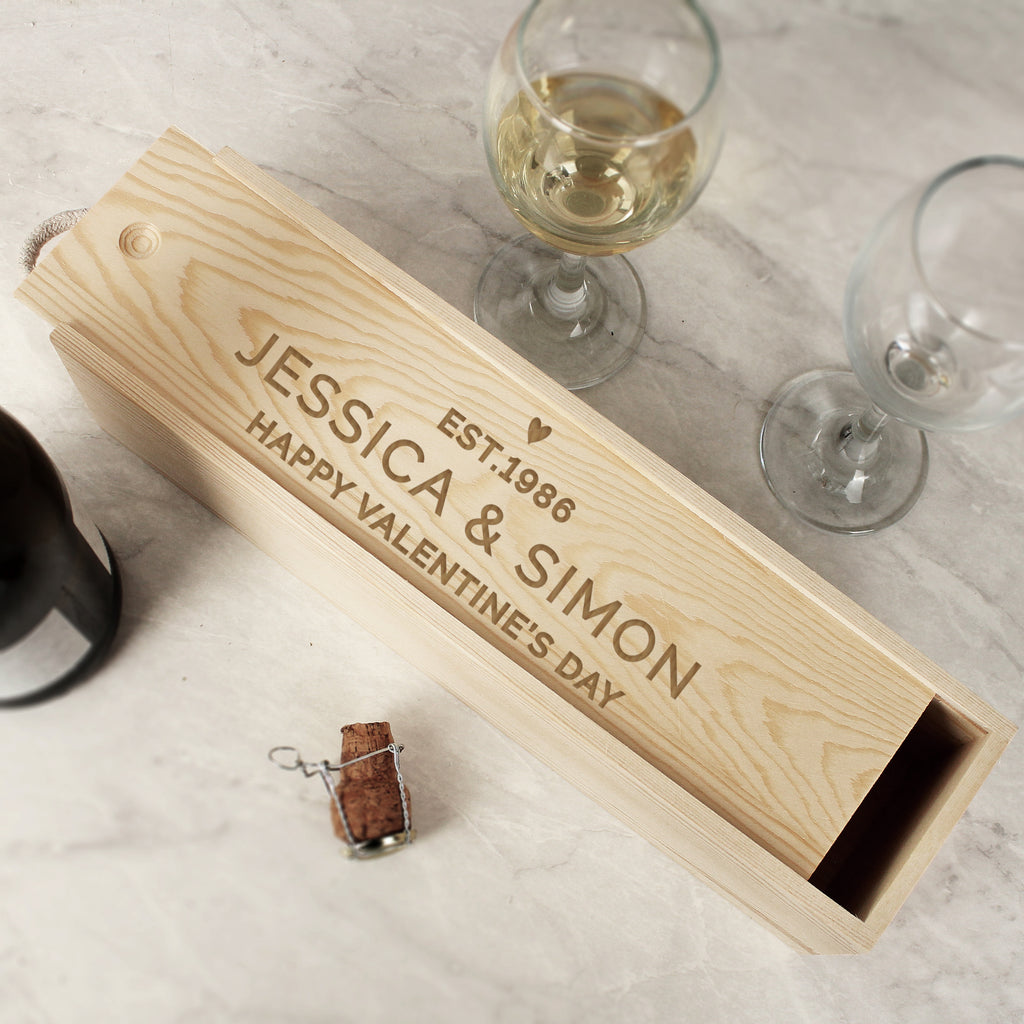Personalised Love Heart Wooden Wine Bottle Box - Wine Gift Box - Inspired Creative Gifts