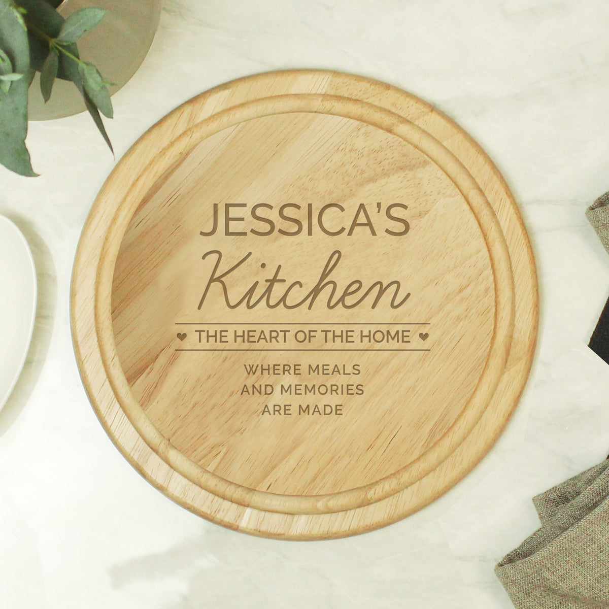 Personalised Heart of the Home Round Wooden Chopping Board for Wedding