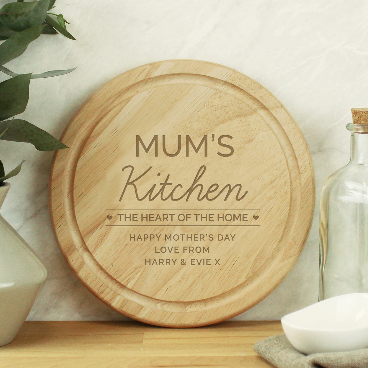 Personalised Heart of the Home Round Wooden Chopping Board for Wedding