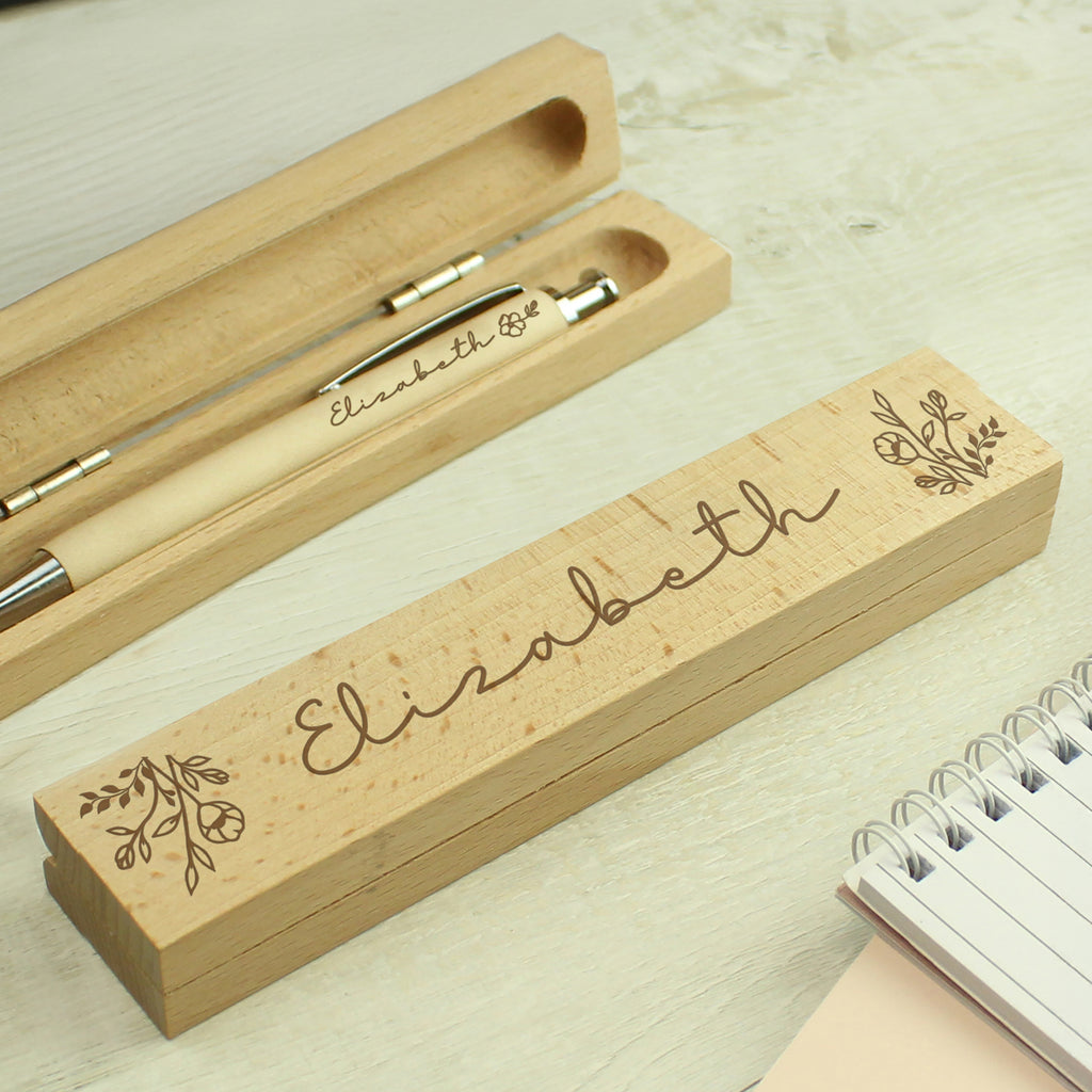 Personalised Floral Wooden Pen and Box for Wedding