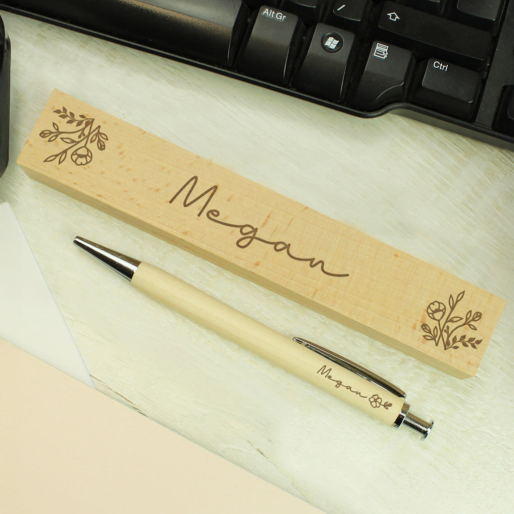 Personalised Floral Wooden Pen and Box for Wedding