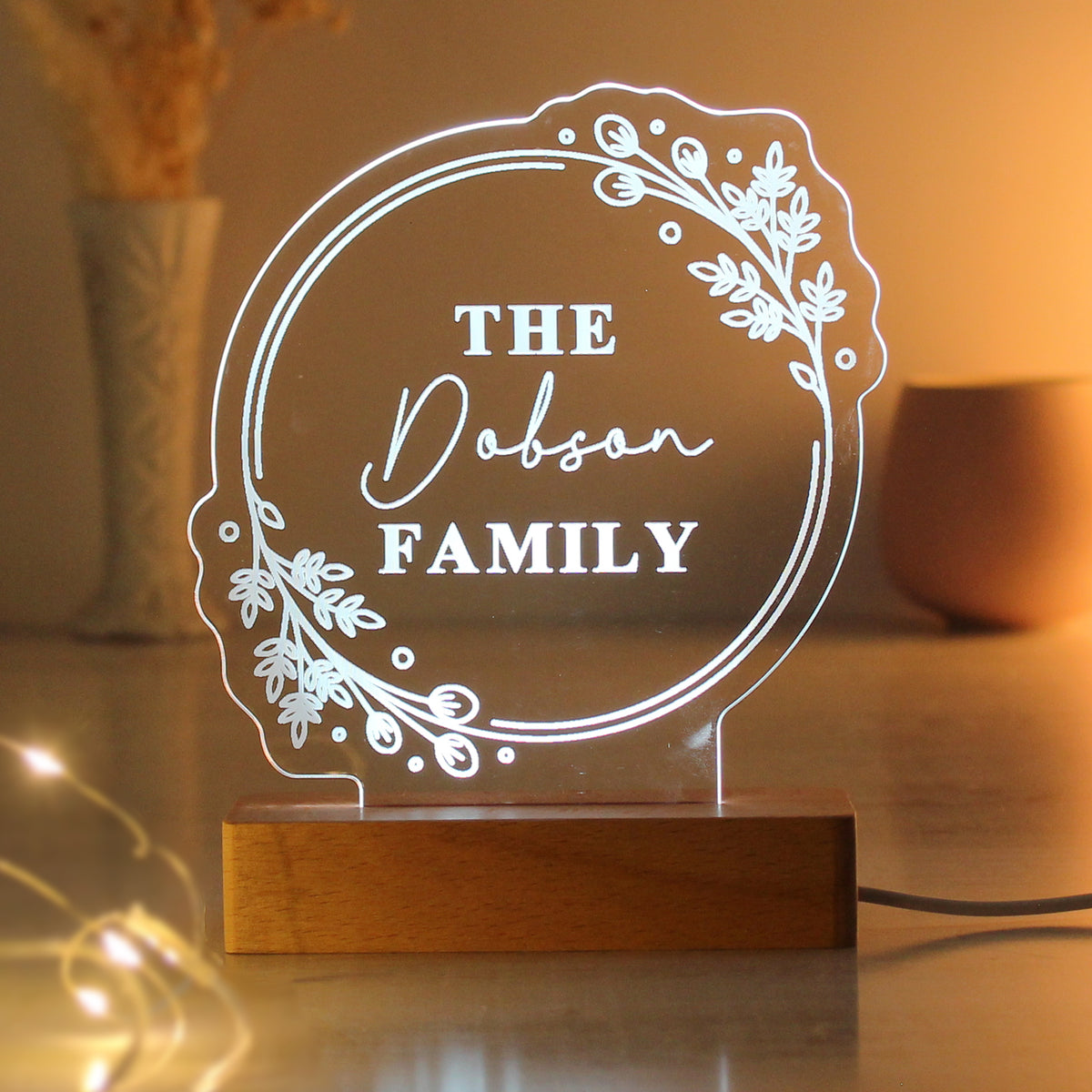 Personalised Floral Wooden Based LED Light | LED Lights, Candles & Decorations