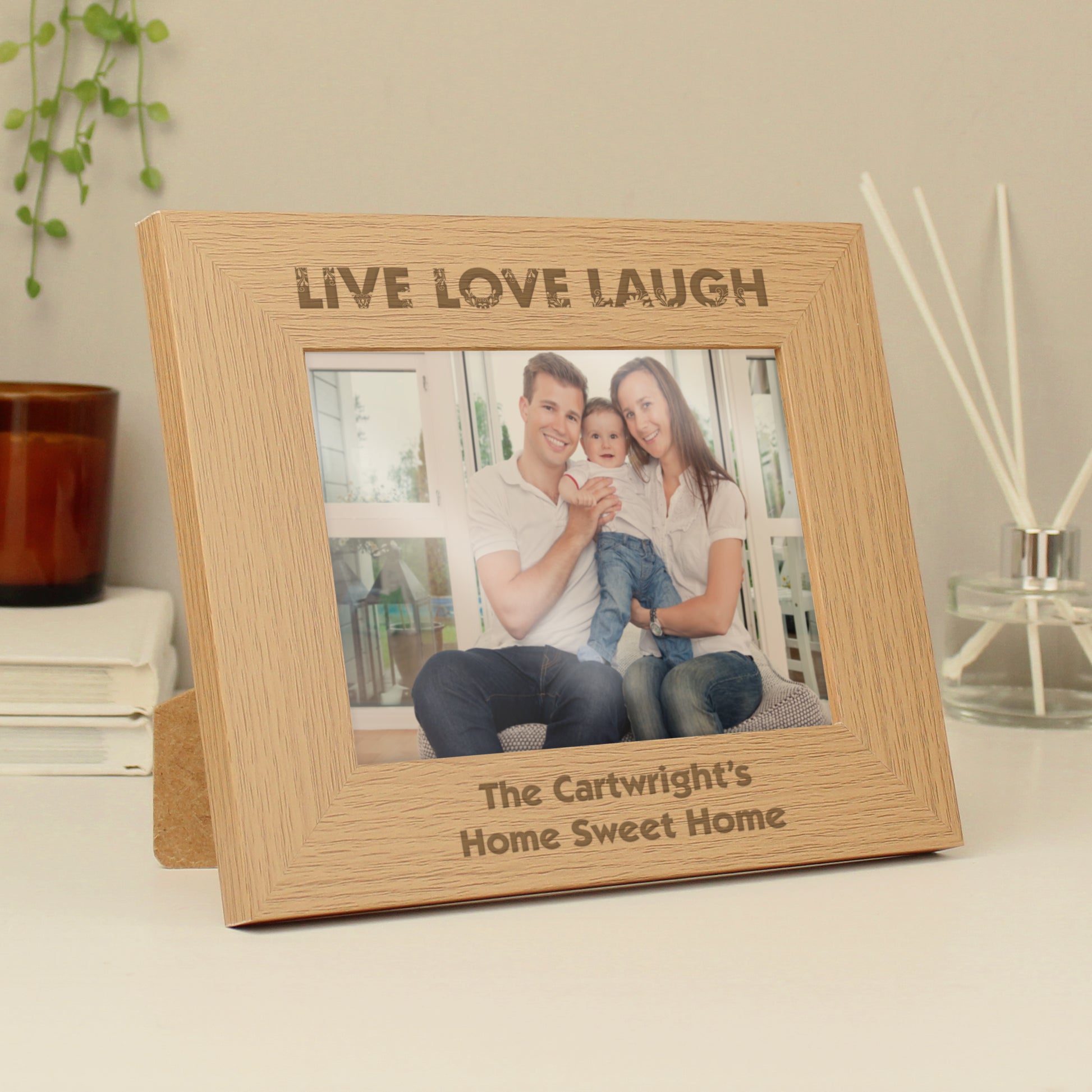 Personalised Live Love Laugh 5x7 Landscape Oak Finish Photo Frame - Inspired Creative Gifts