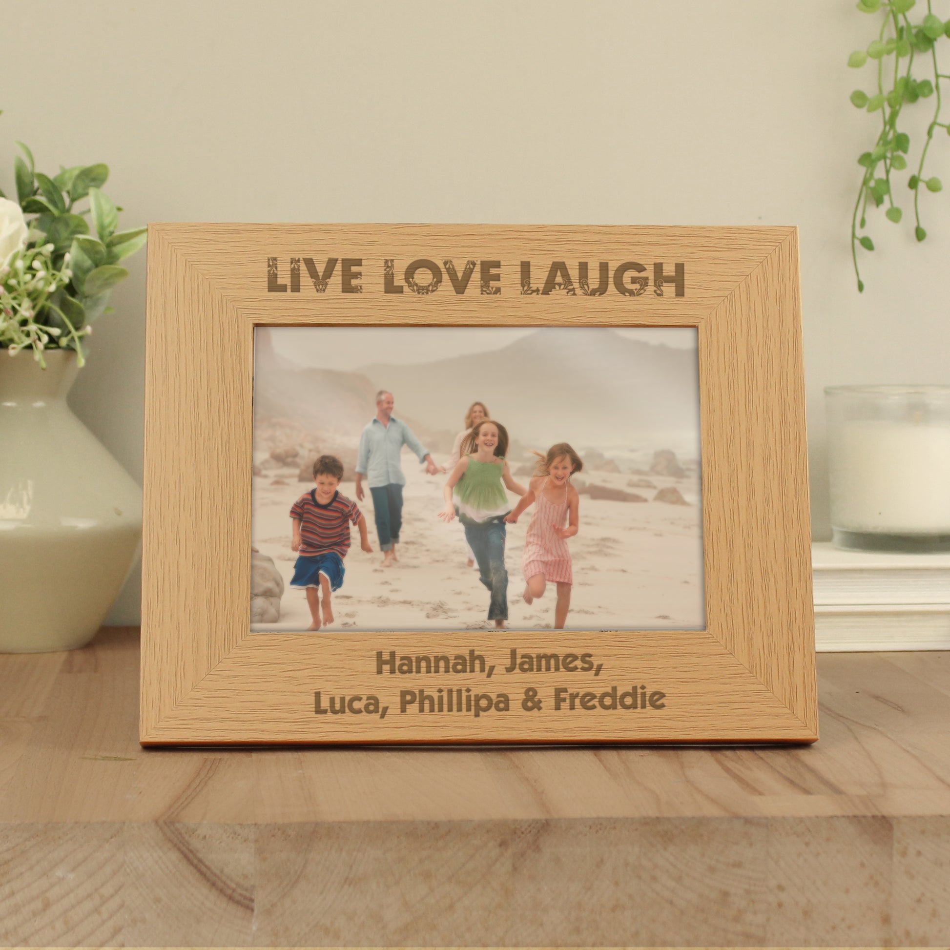Personalised Live Love Laugh 5x7 Landscape Oak Finish Photo Frame - Inspired Creative Gifts