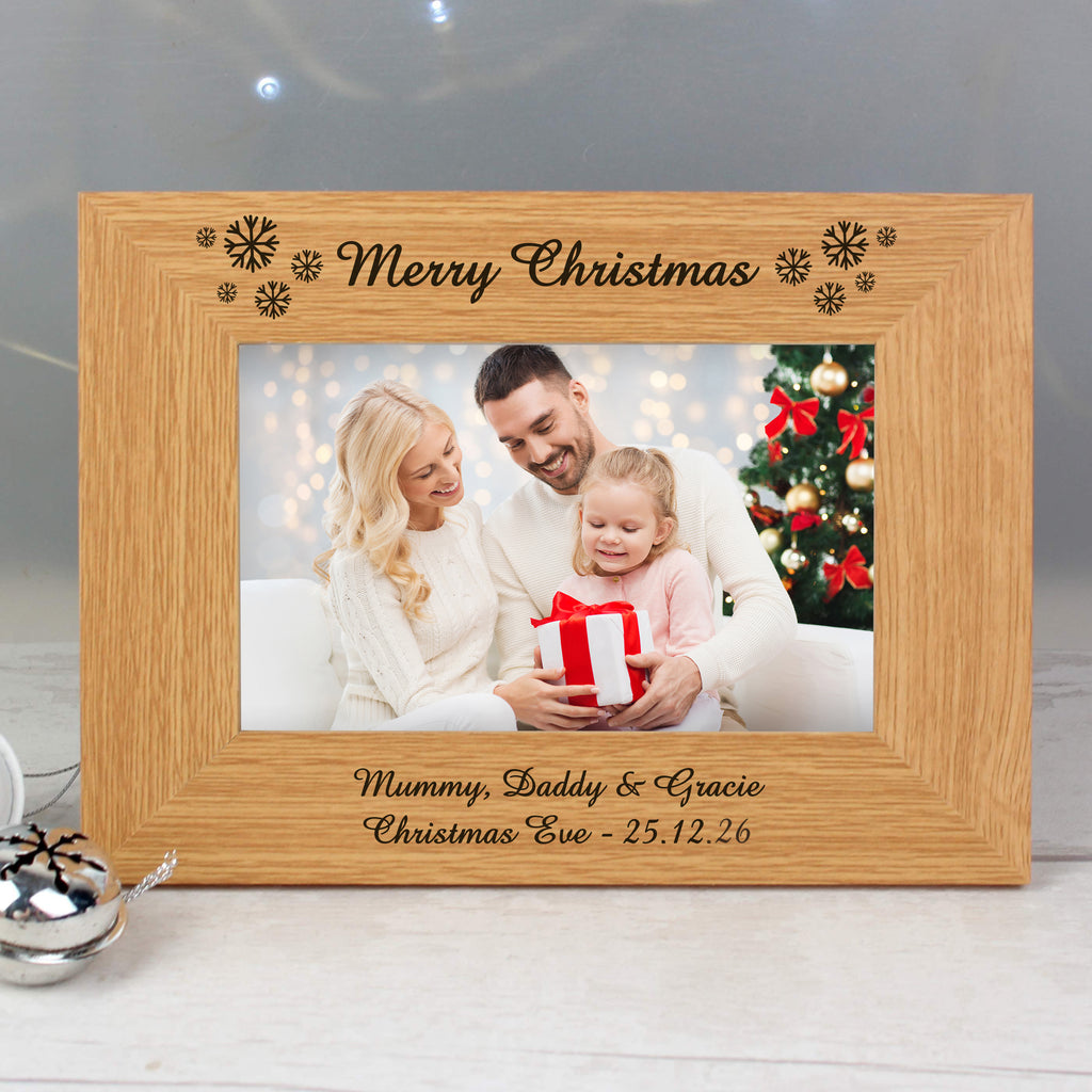 Personalised Oak Finish 6x4 Snowflake Photo Frame for Christmas
