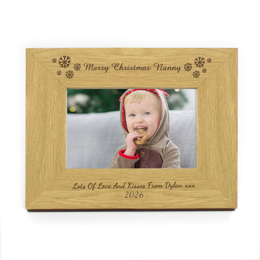 Personalised Oak Finish 6x4 Snowflake Photo Frame for Christmas