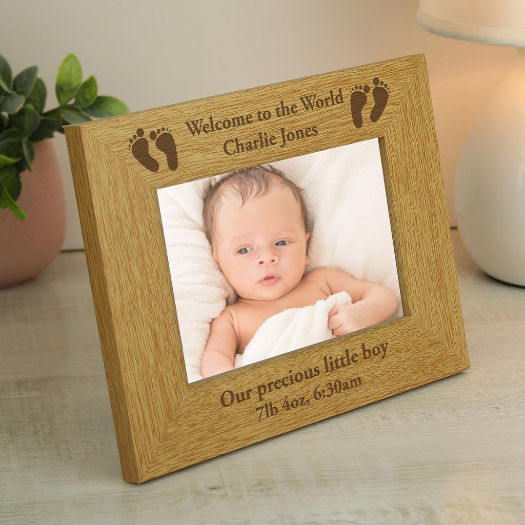 Personalised Oak Finish 6x4 Landscape Baby Footprints Photo Frame | Photo Frames, Albums and Guestbooks