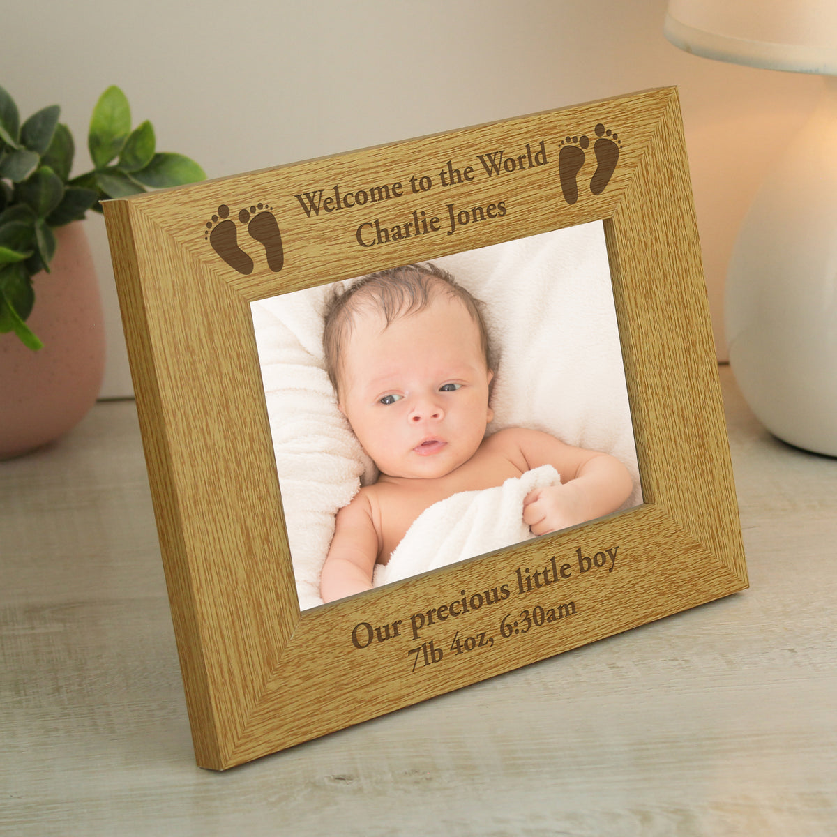 Personalised Oak Finish 6x4 Landscape Baby Footprints Photo Frame | Photo Frames, Albums and Guestbooks