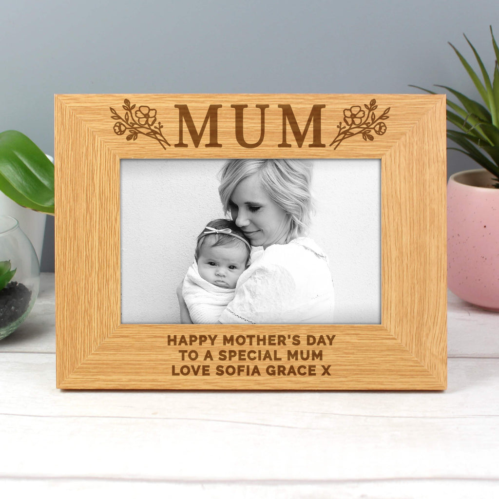 Personalised Floral Mum 6x4 Oak Finish Photo Frame - Inspired Creative Gifts