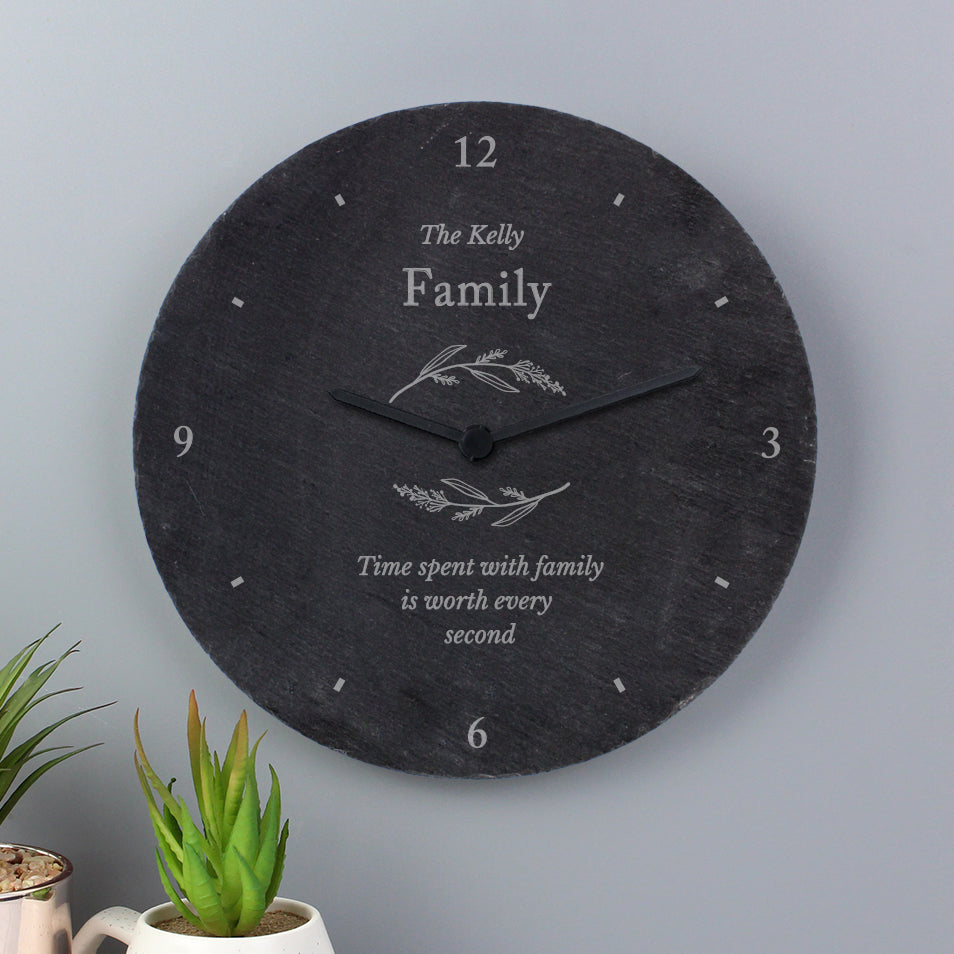 Personalised Free Text Botanical Slate Clock - Wall Clock - Inspired Creative Gifts
