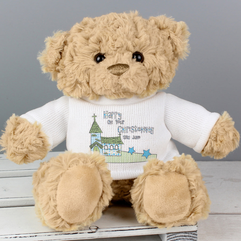 Personalised Blue Church Message Teddy Bear - Plush Soft Toy - Inspired Creative Gifts