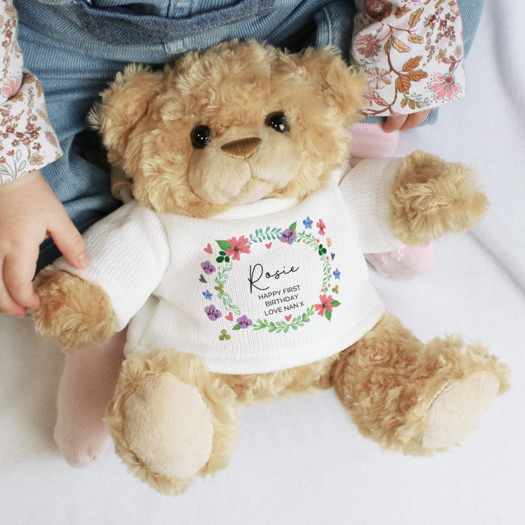 Personalised Floral Teddy Bear - Plush Soft Toy - Inspired Creative Gifts