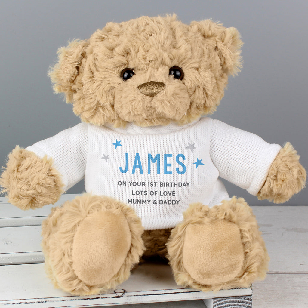 Personalised Blue Name & Message Teddy Bear - Plush Soft Toy - Inspired Creative Gifts
