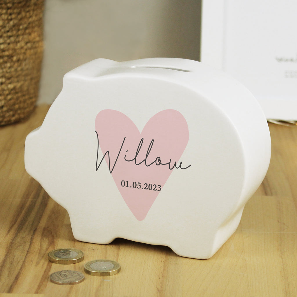 Personalised Pink Heart Piggy Bank | New Baby Gift