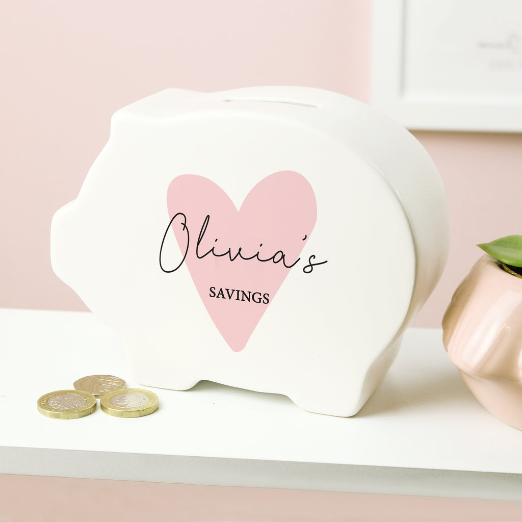 Personalised Pink Heart Piggy Bank | New Baby Gift