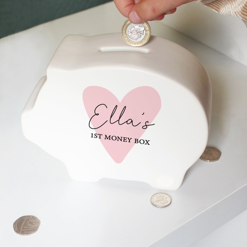 Personalised Pink Heart Piggy Bank | New Baby Gift