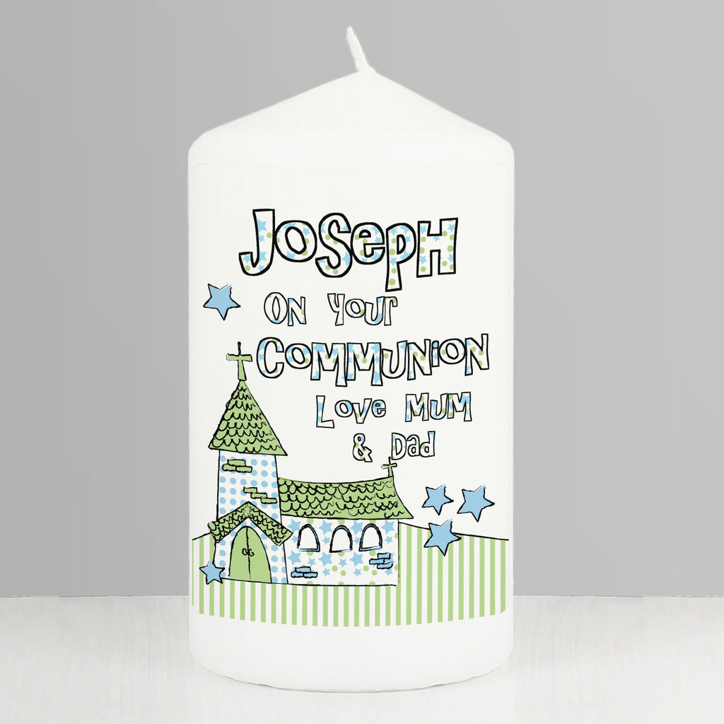 Personalised Blue Church Pillar Candle | Candles & Reed Diffusers