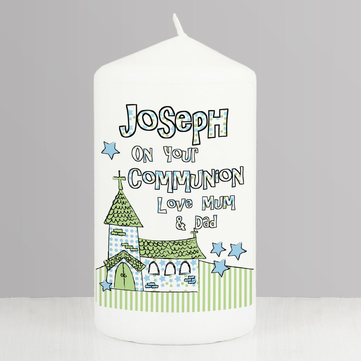 Personalised Blue Church Pillar Candle | Candles & Reed Diffusers