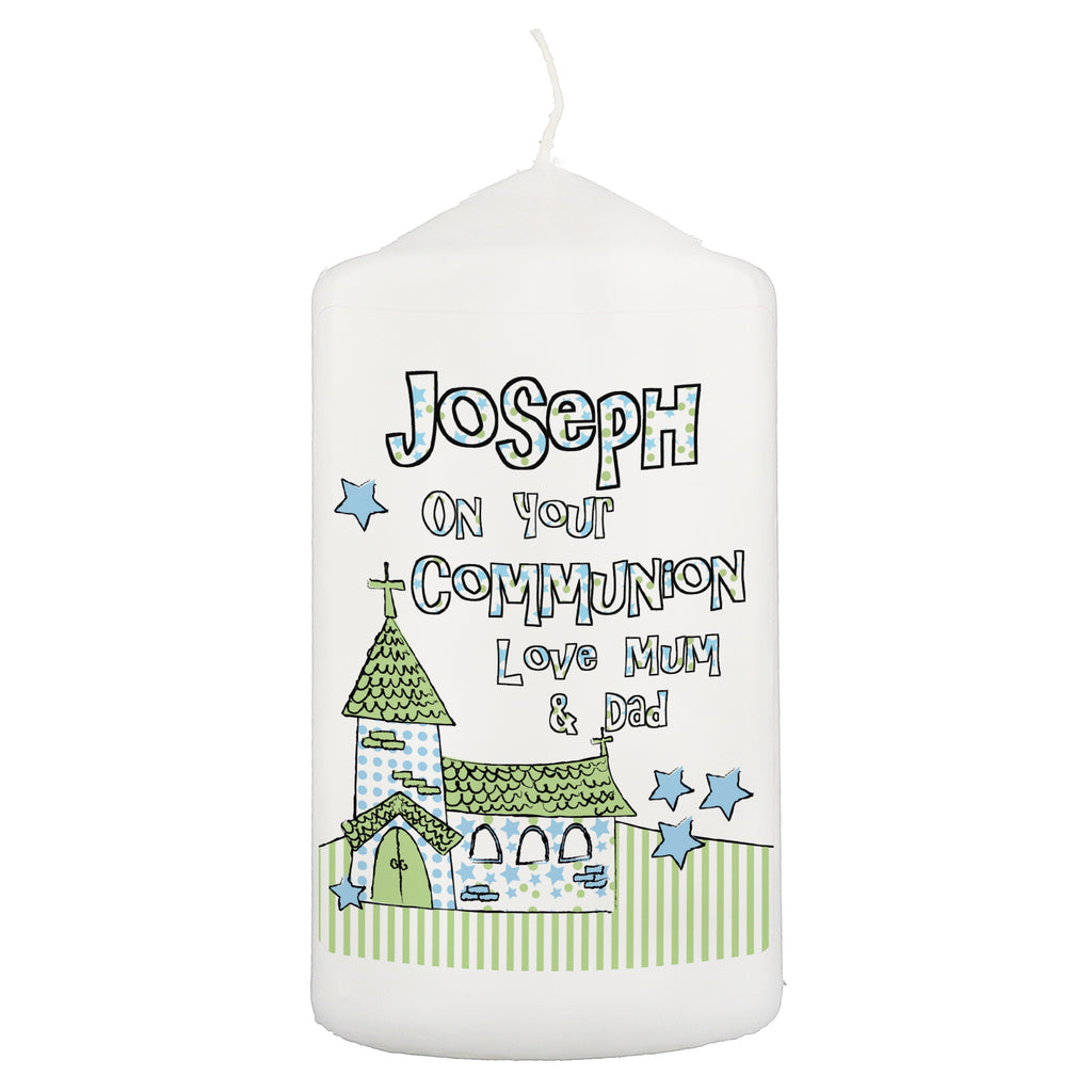 Personalised Blue Church Pillar Candle | Candles & Reed Diffusers