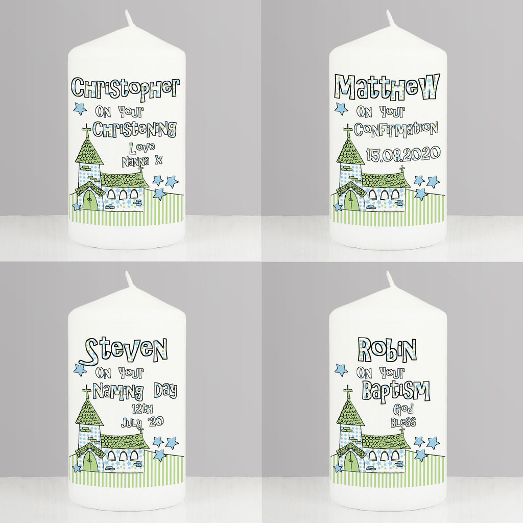 Personalised Blue Church Pillar Candle | Candles & Reed Diffusers