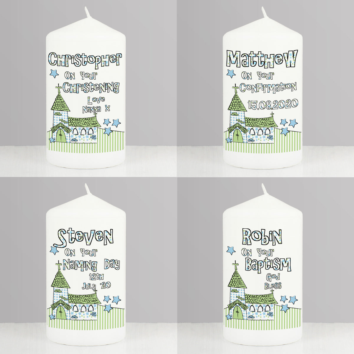 Personalised Blue Church Pillar Candle | Candles & Reed Diffusers