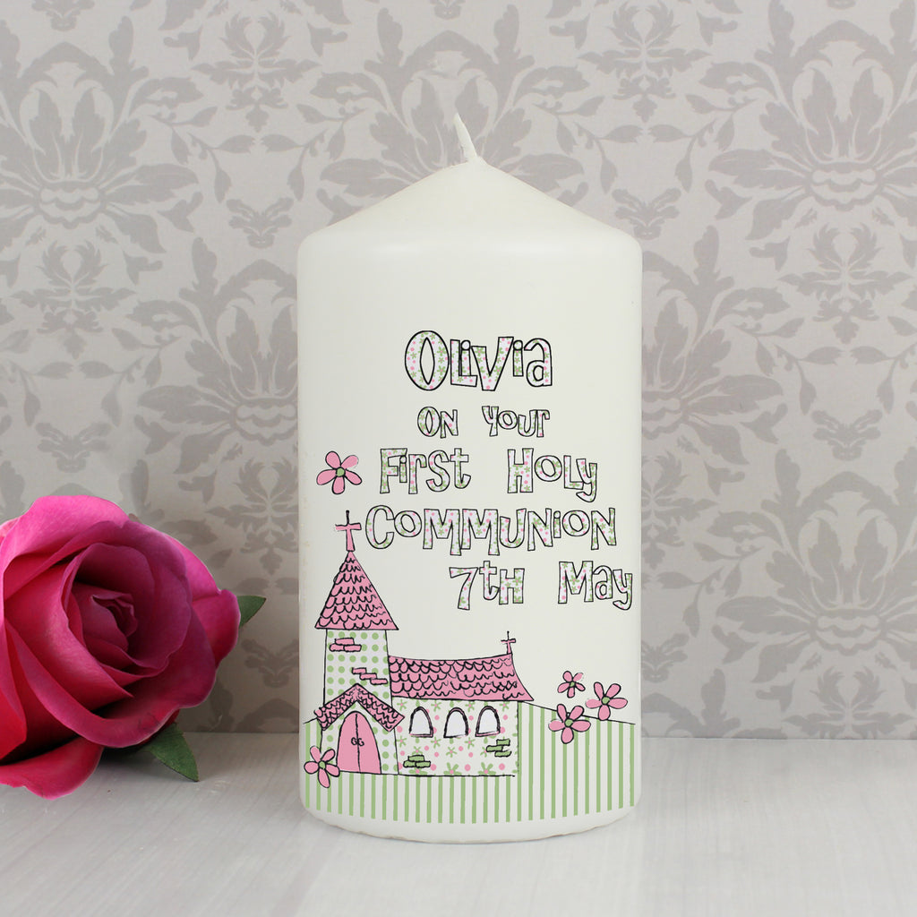 Personalised Whimsical Church Pink 1st Holy Communion Pillar Candle | Candles & Reed Diffusers | Inspired Creative Gifts