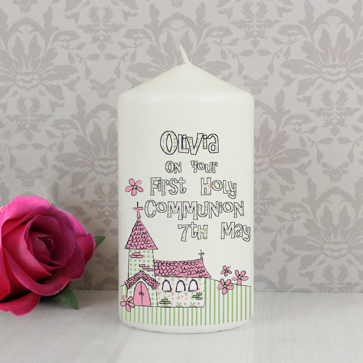 Personalised Whimsical Church Pink 1st Holy Communion Pillar Candle | Candles & Reed Diffusers | Inspired Creative Gifts