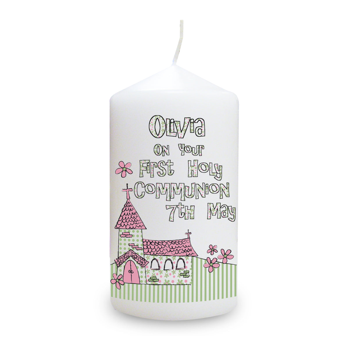 Personalised Whimsical Church Pink 1st Holy Communion Pillar Candle | Candles & Reed Diffusers | Inspired Creative Gifts