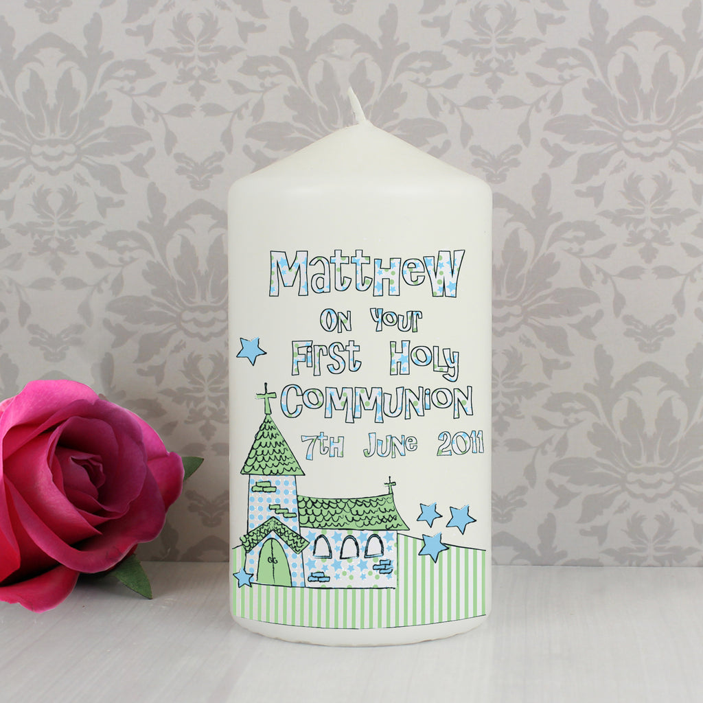 Personalised Whimsical Church Blue 1st Holy Communion Pillar Candle for Christening