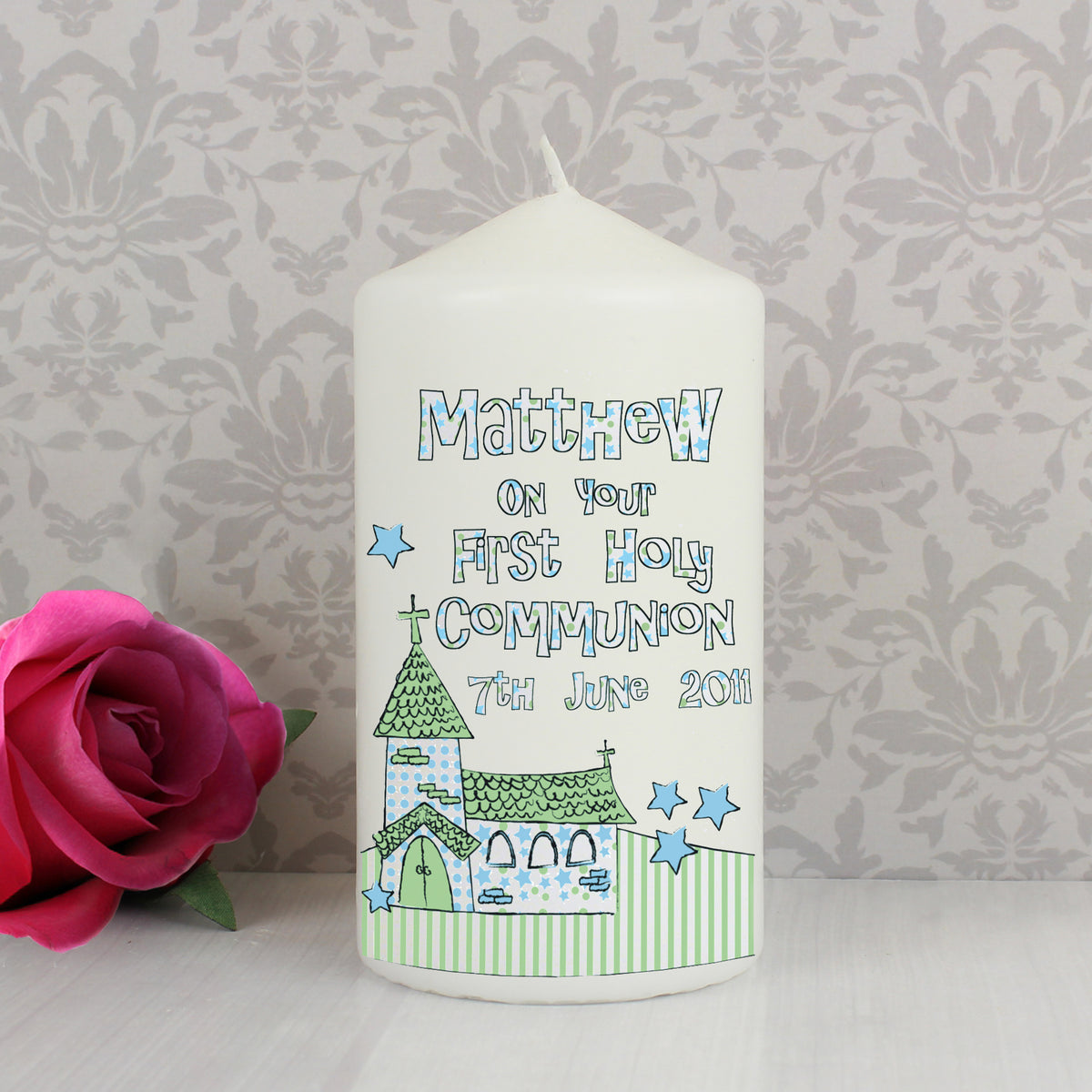 Personalised Whimsical Church Blue 1st Holy Communion Pillar Candle for Christening
