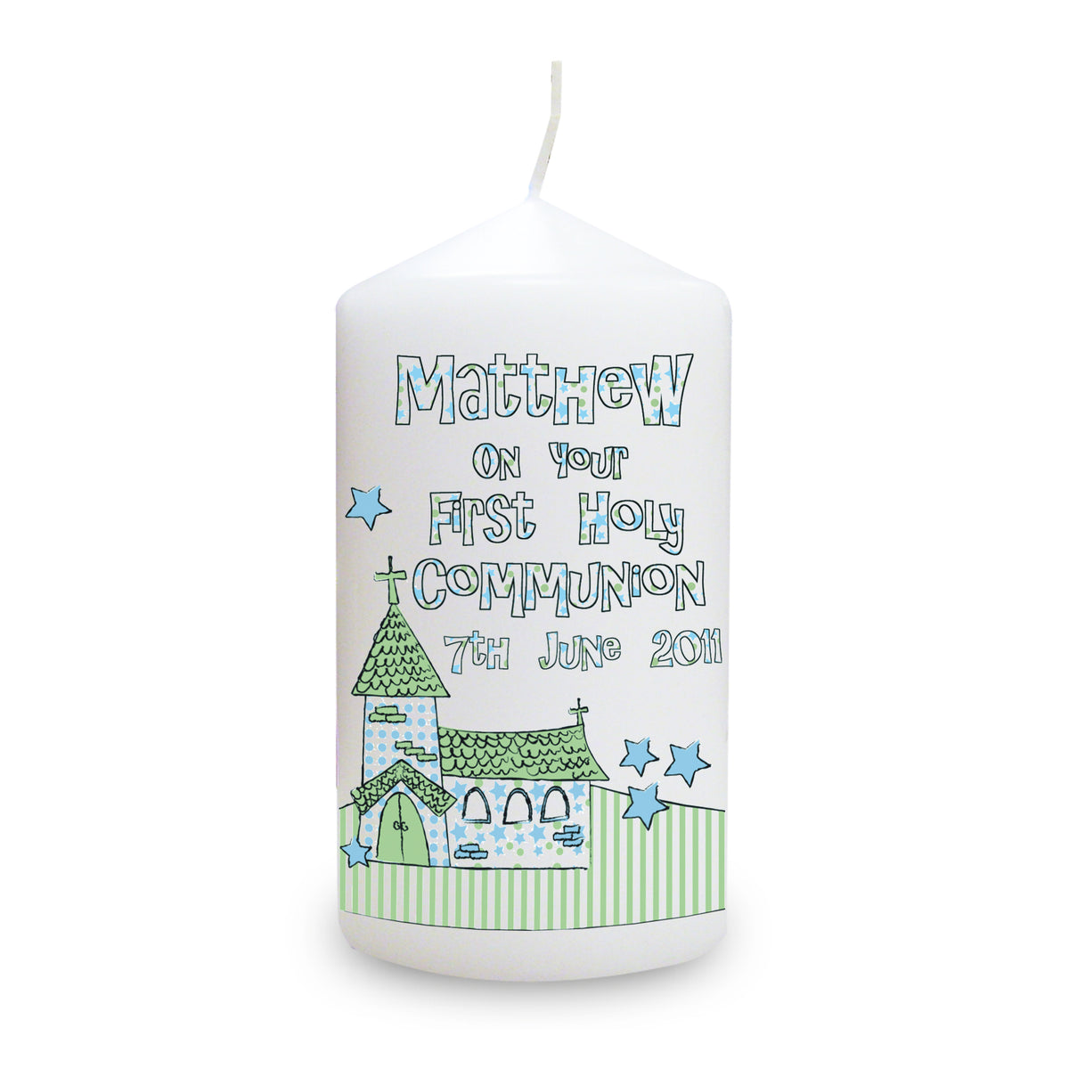 Personalised Whimsical Church Blue 1st Holy Communion Pillar Candle for Christening