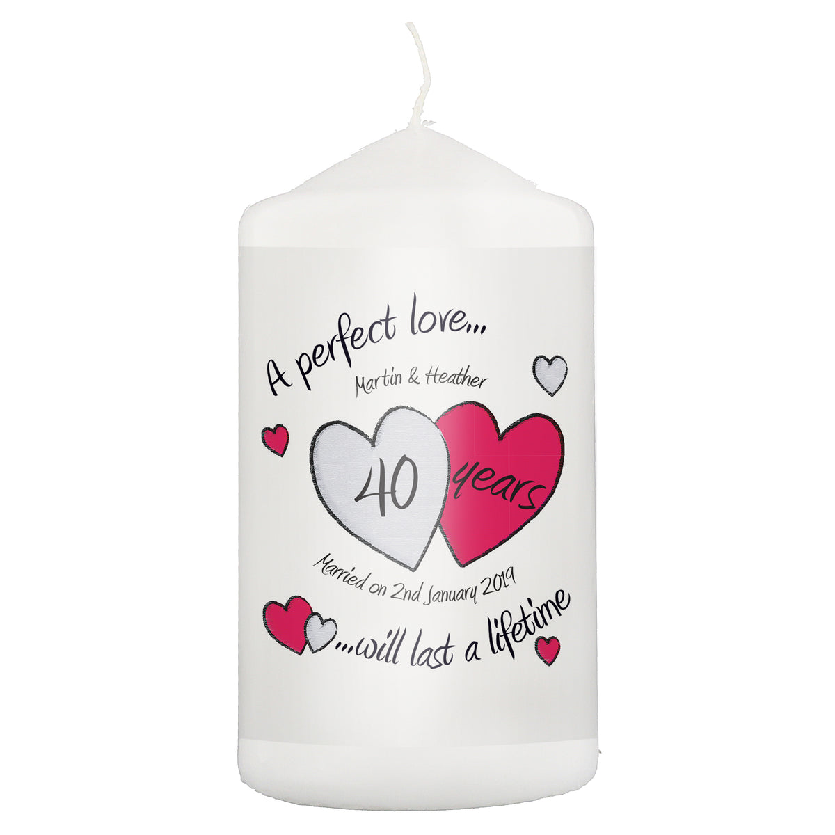 Personalised A Perfect Love Ruby Anniversary Pillar Candle for Anniversary
