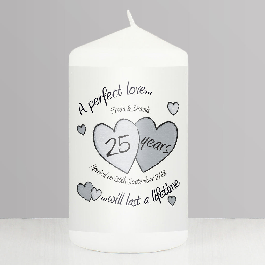 Personalised A Perfect Love Silver Anniversary Pillar Candle | Candles & Reed Diffusers | Inspired Creative Gifts