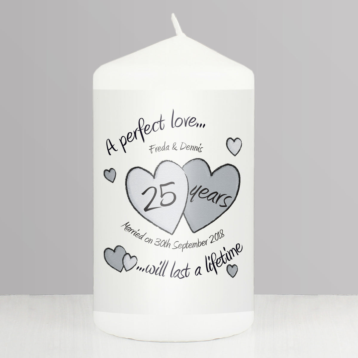 Personalised A Perfect Love Silver Anniversary Pillar Candle | Candles & Reed Diffusers | Inspired Creative Gifts