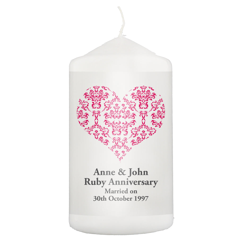 Personalised Ruby Damask Heart Pillar Candle | Candles & Reed Diffusers | Wedding Gift