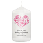 Personalised Ruby Damask Heart Pillar Candle | Candles & Reed Diffusers | Wedding Gift