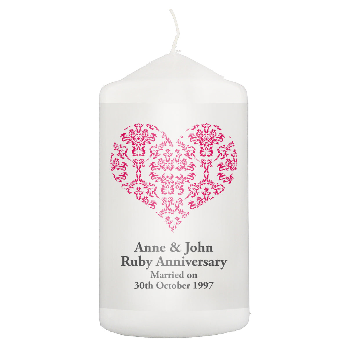 Personalised Ruby Damask Heart Pillar Candle | Candles & Reed Diffusers | Wedding Gift