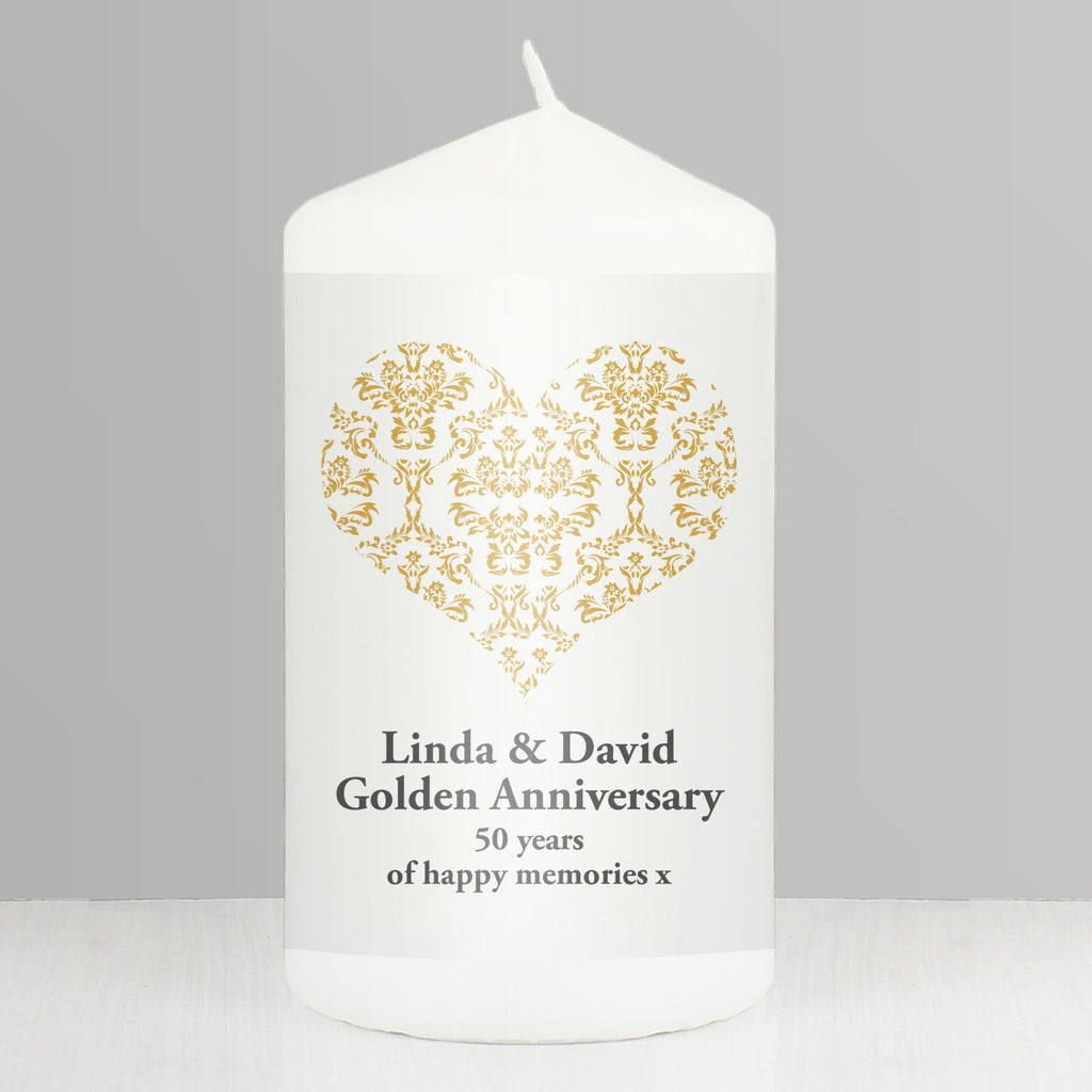 Personalised Gold Damask Heart Pillar Candle for Wedding
