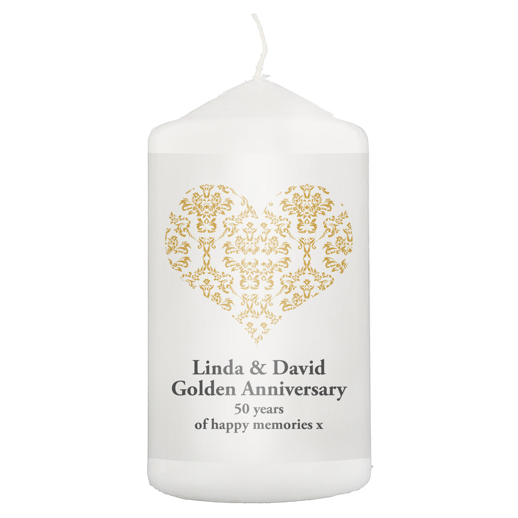 Personalised Gold Damask Heart Pillar Candle for Wedding